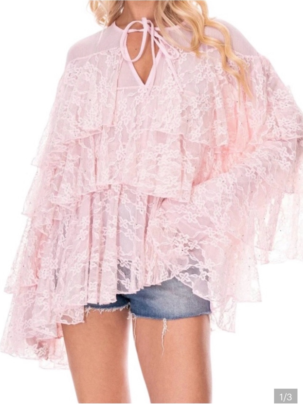 H096 NWT Galita M pp23 Sheer Pink Lace Ruffle Tunic Top Feminine Tie-Neck